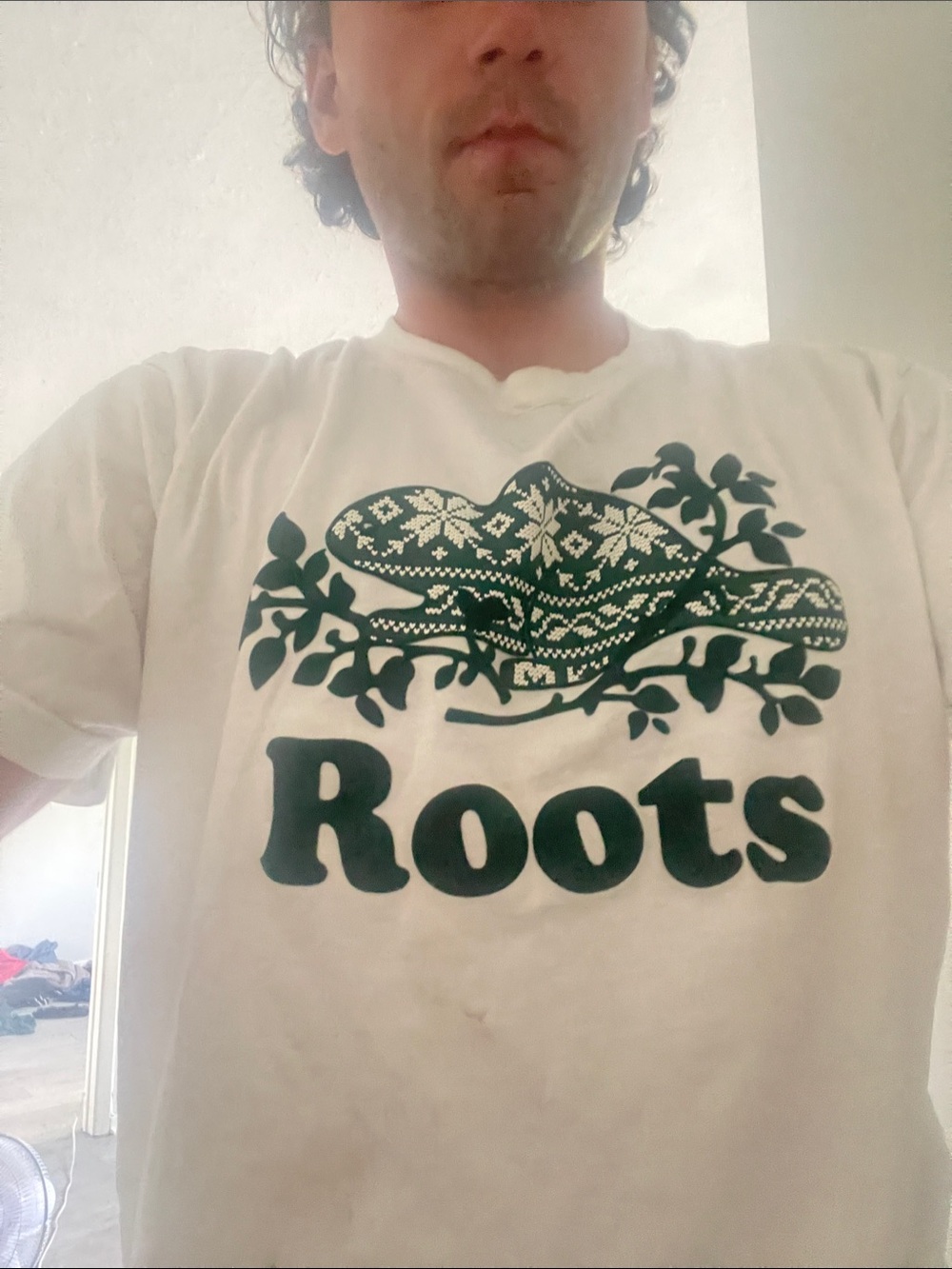 Roots White Tee with Dark Green Graphic Logo